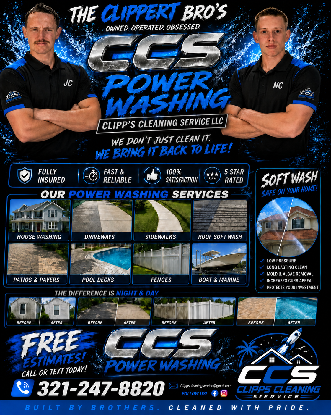 CCS Power Washing flyer featuring the Clippert brothers, the CCS logo, services, and phone number 321-247-8820